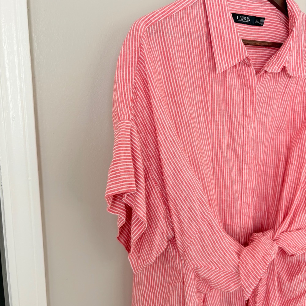 Lauren Ralph Lauren Linen Striped Shirt Womens 3X Pink Red Cool Light Resort - Picture 8 of 8
